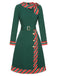 Abito a righe patchwork con cintura verde anni '40