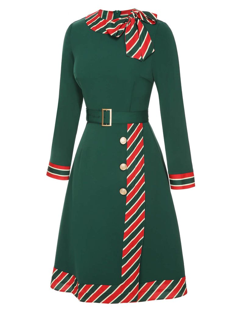 Abito a righe patchwork con cintura verde anni '40