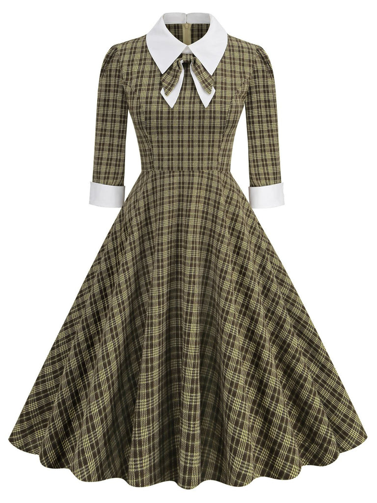 Abito plaid con fiocco sul risvolto marrone anni '50