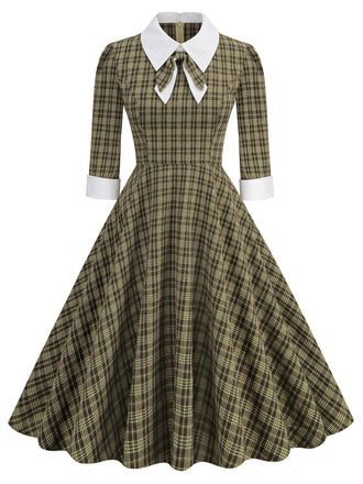 Abito plaid con fiocco sul risvolto marrone anni '50
