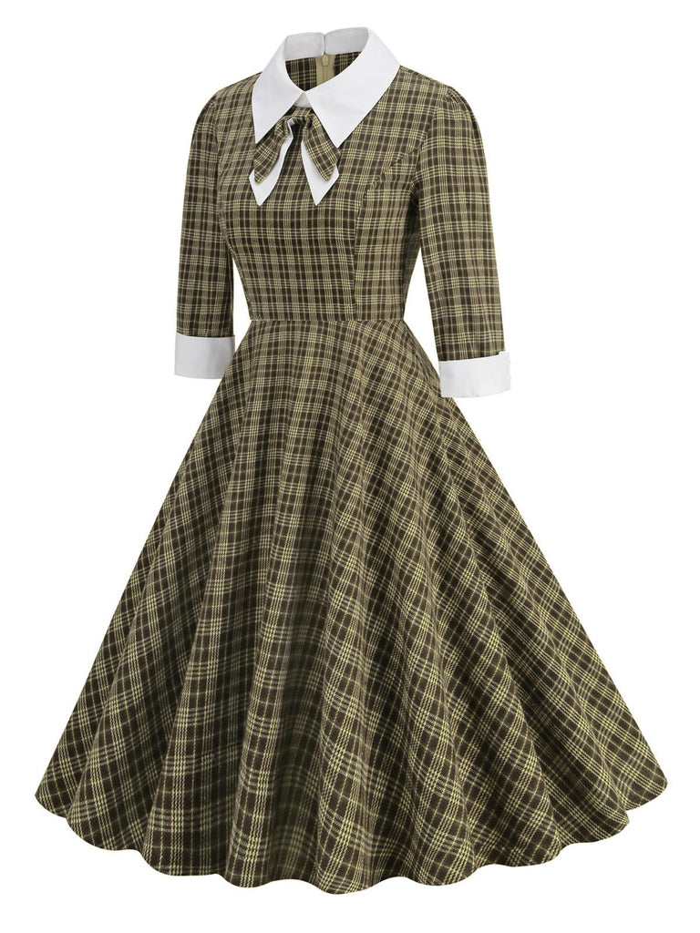 Abito plaid con fiocco sul risvolto marrone anni '50