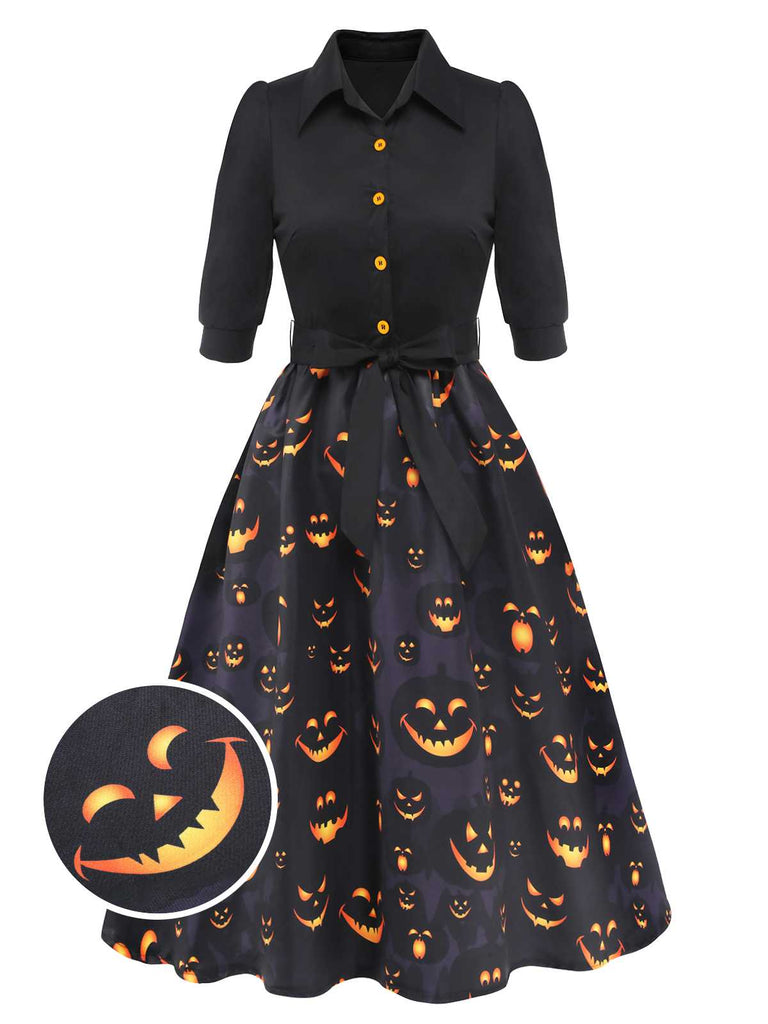 Abito a zucca con cintura e revers Halloween nero anni '40