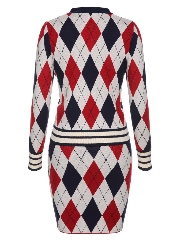 2PCS Cardigan e gonna lavorati a maglia e quadri anni '60