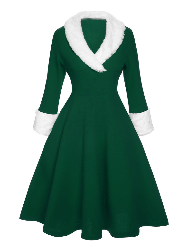 Abito con collo di pelliccia natalizio verde anni '50