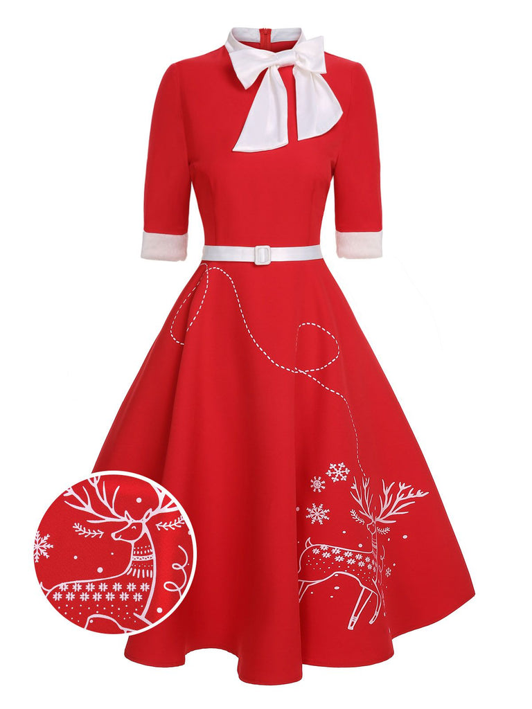 Abito con cintura patchwork e fiocco di alce rosso anni '50