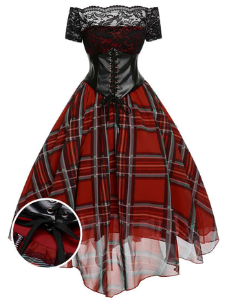 Abito a quadri in pizzo natalizi rosso anni '50
