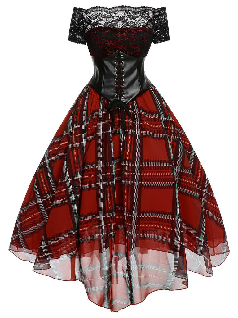 Abito a quadri in pizzo natalizi rosso anni '50