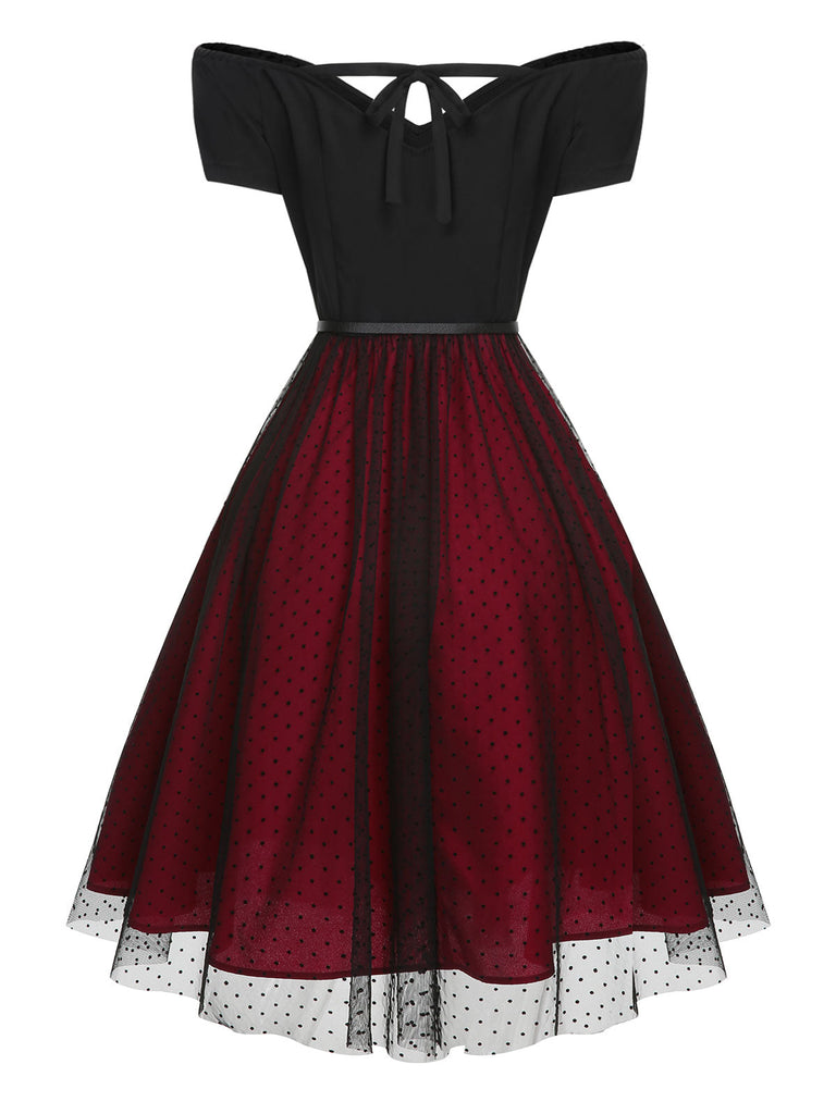 Abito con cintura a pois spalle scese bordeaux anni '50