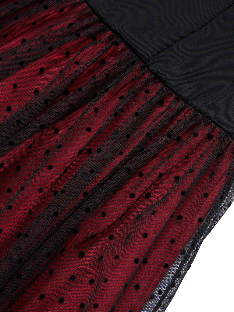 Abito con cintura a pois spalle scese bordeaux anni '50