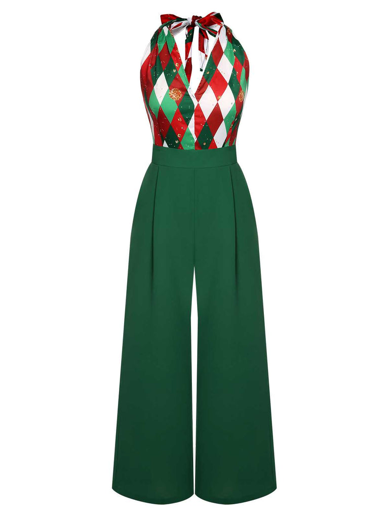 Tuta lunga in pizzo patchwork quadri natalizio verde anni '30