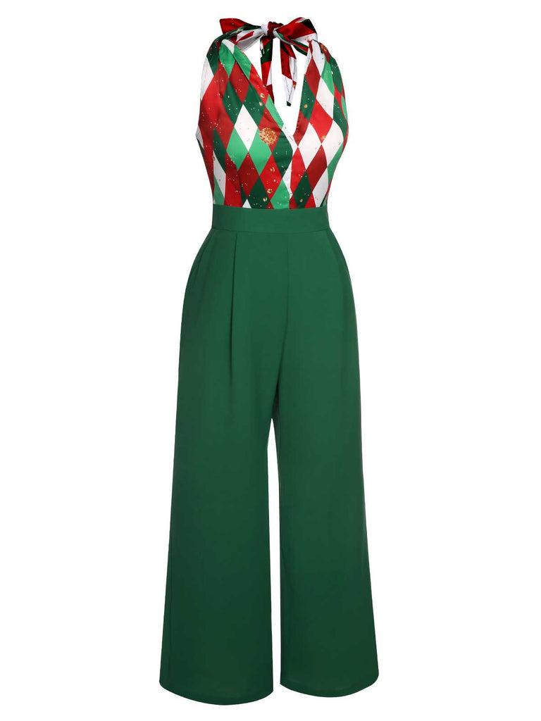 Tuta lunga in pizzo patchwork quadri natalizio verde anni '30