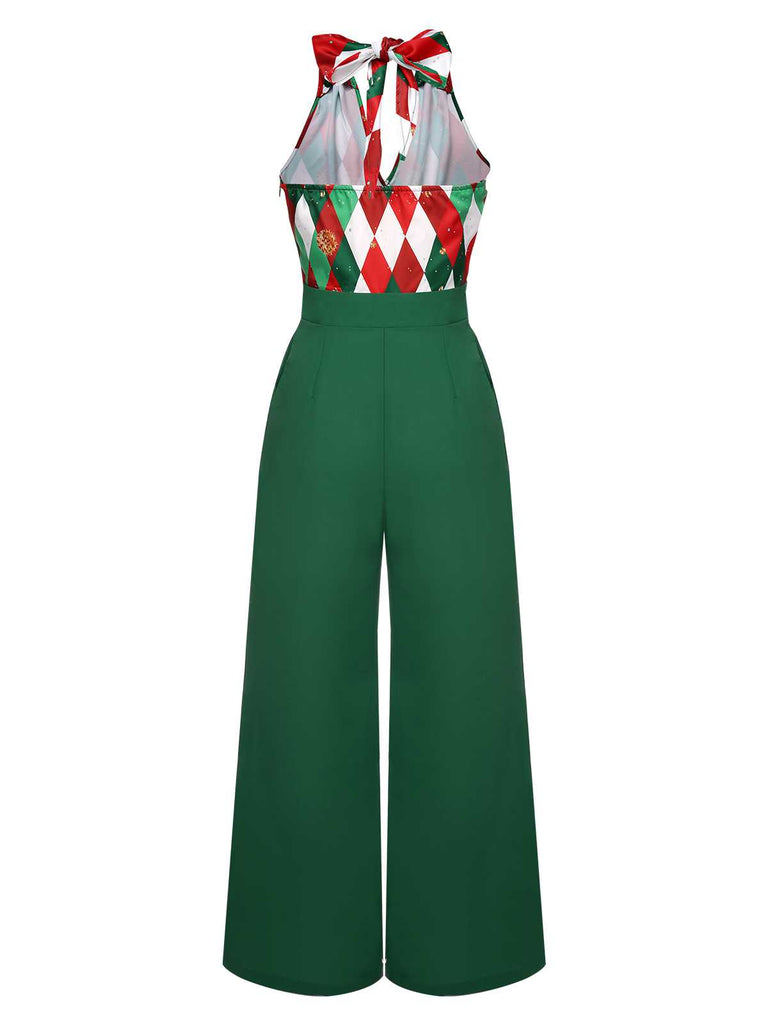 Tuta lunga in pizzo patchwork quadri natalizio verde anni '30