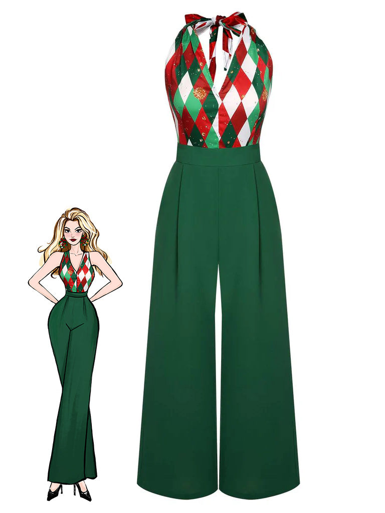 Tuta lunga in pizzo patchwork quadri natalizio verde anni '30