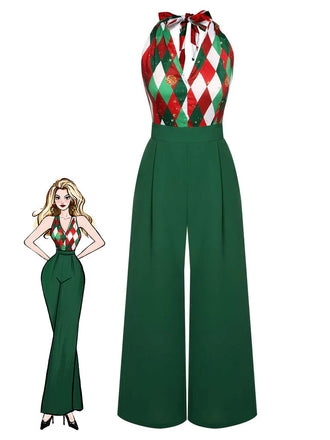 Tuta lunga in pizzo patchwork quadri natalizio verde anni '30