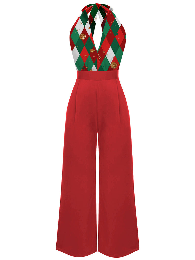 Tuta lunga in pizzo patchwork quadri natalizio verde anni '30