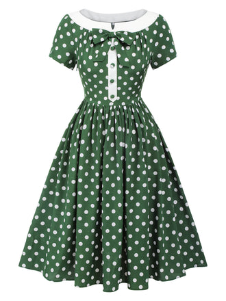 Abito patchwork con fiocco a pois verde anni '40