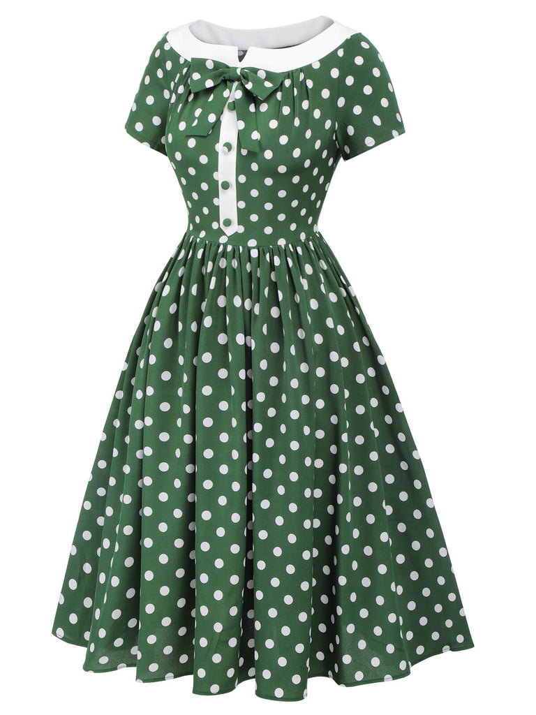 Abito patchwork con fiocco a pois verde anni '40