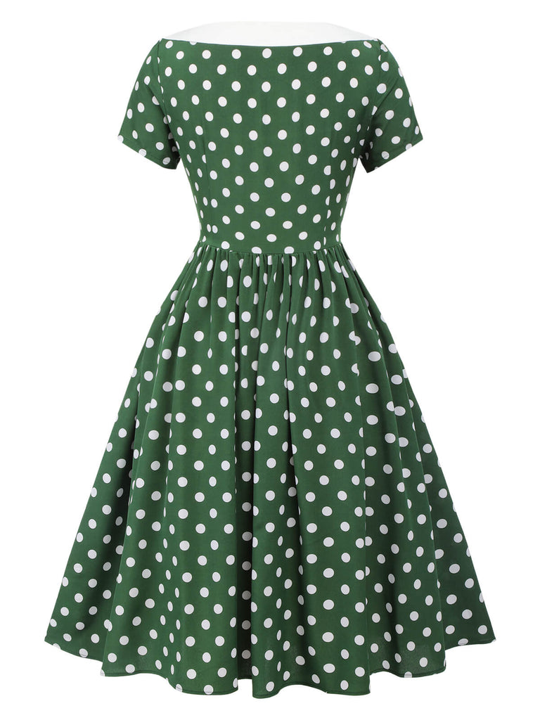 Abito patchwork con fiocco a pois verde anni '40