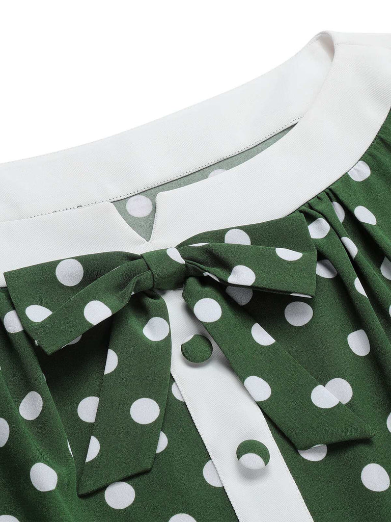 Abito patchwork con fiocco a pois verde anni '40