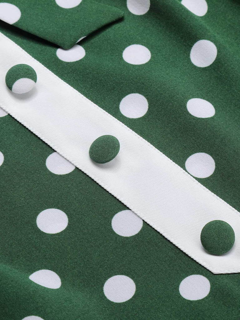 Abito patchwork con fiocco a pois verde anni '40