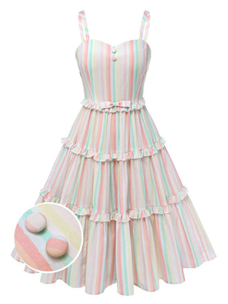 Abito a righe spalline sottili multicolore anni '50