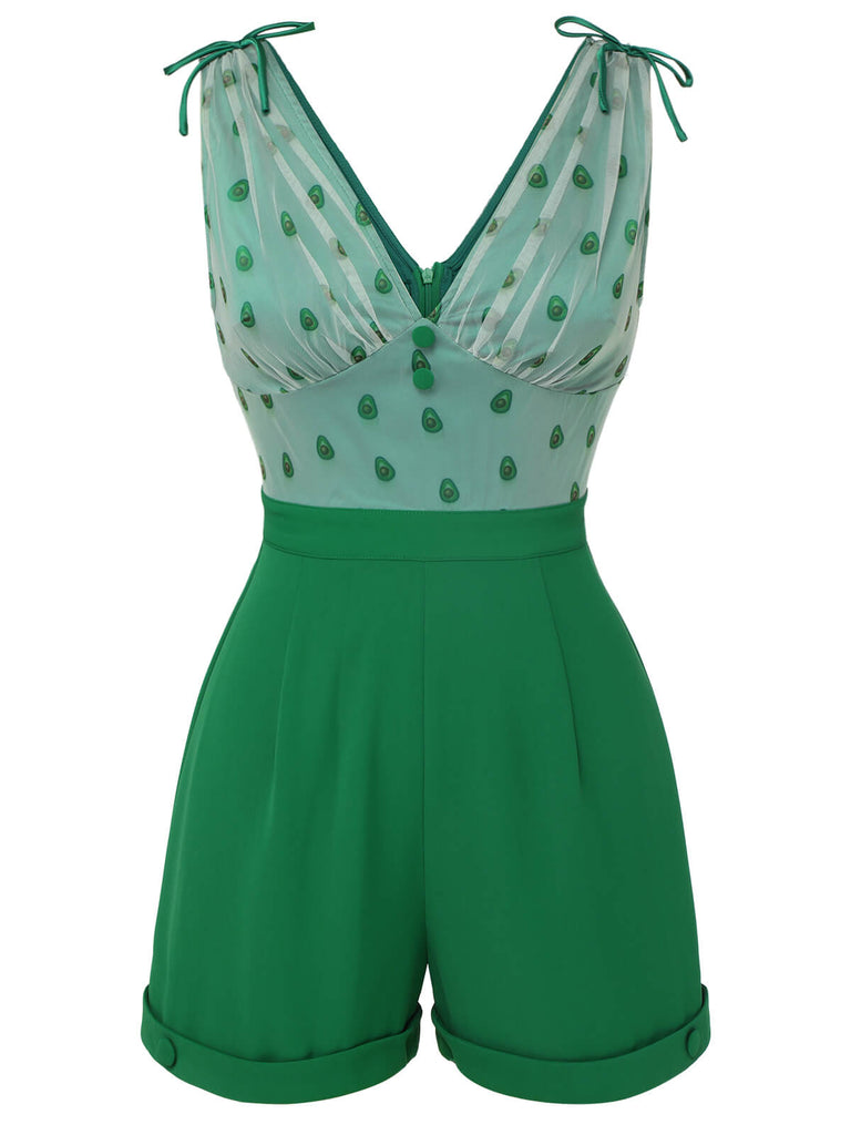 Tuta corta avocado con scollo a V in rete verde anni '50