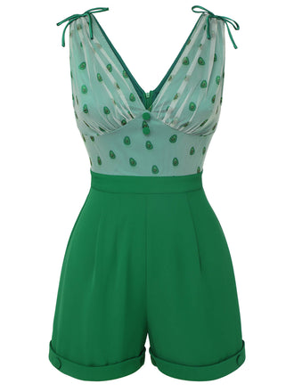 Tuta corta avocado con scollo a V in rete verde anni '50