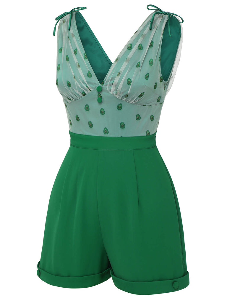 Tuta corta avocado con scollo a V in rete verde anni '50