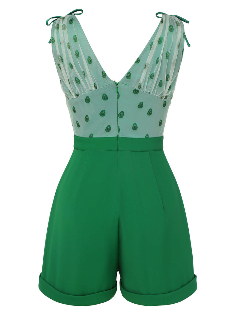 Tuta corta avocado con scollo a V in rete verde anni '50