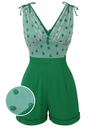 Tuta corta avocado con scollo a V in rete verde anni '50