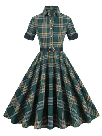 Abito plaid con risvolto verde militare scuro anni '50