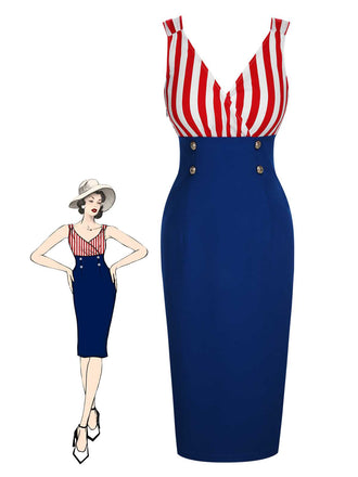 Abito a righe a contrasto scollo a V rosso e blu anni '60