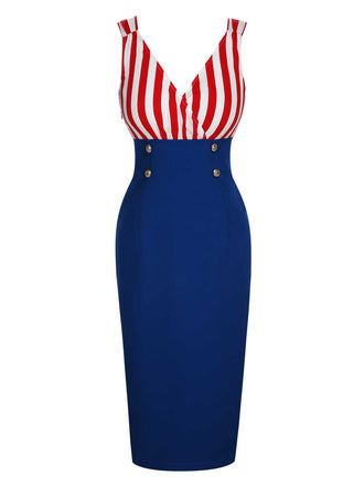 Abito a righe a contrasto scollo a V rosso e blu anni '60