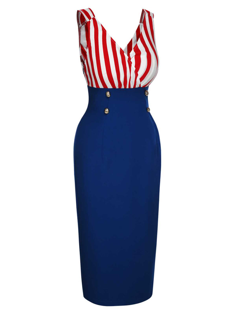 Abito a righe a contrasto scollo a V rosso e blu anni '60