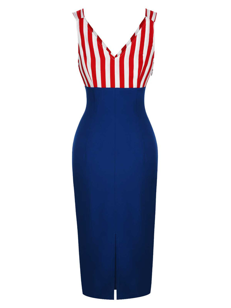 Abito a righe a contrasto scollo a V rosso e blu anni '60