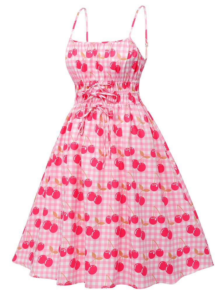 Abito ciliegie con spalline sottili rosa anni '50
