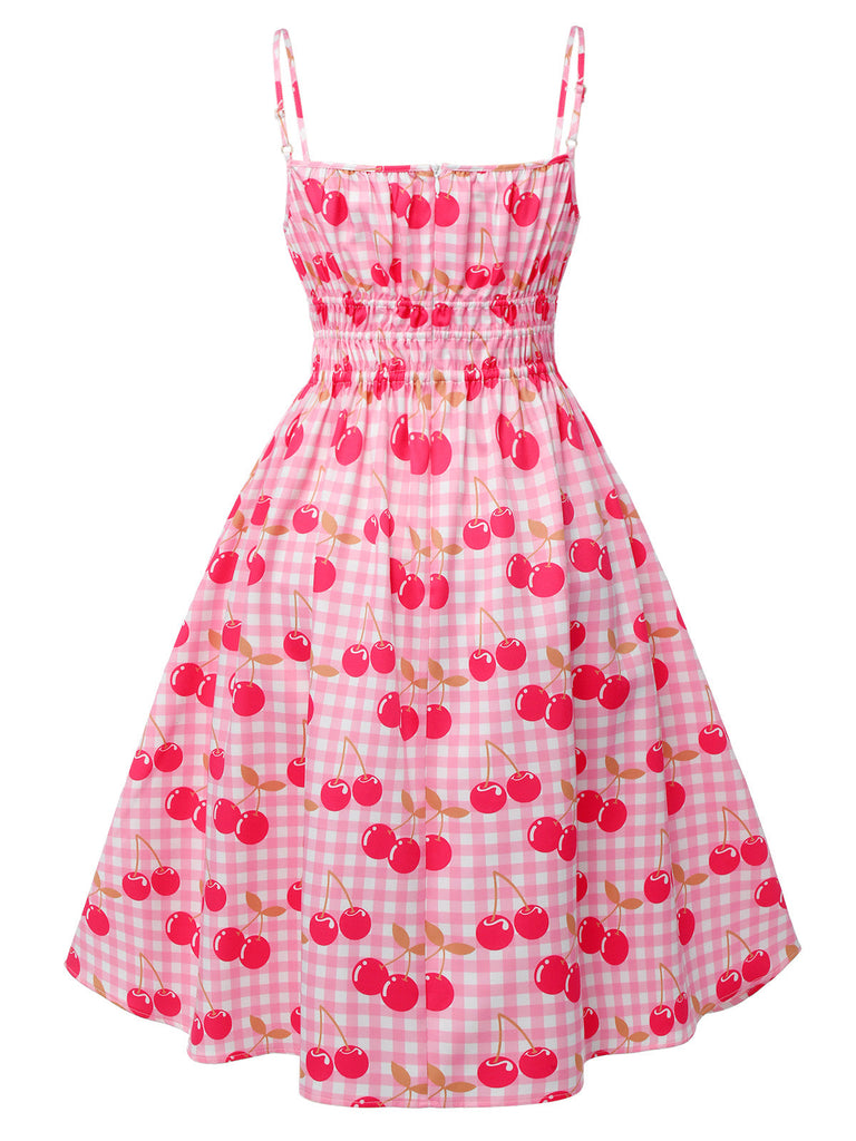 Abito ciliegie plaid con spalline sottili rosa anni '50