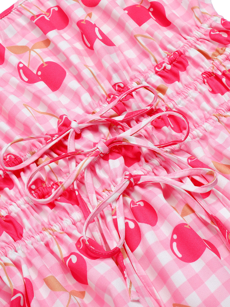 Abito ciliegie plaid con spalline sottili rosa anni '50