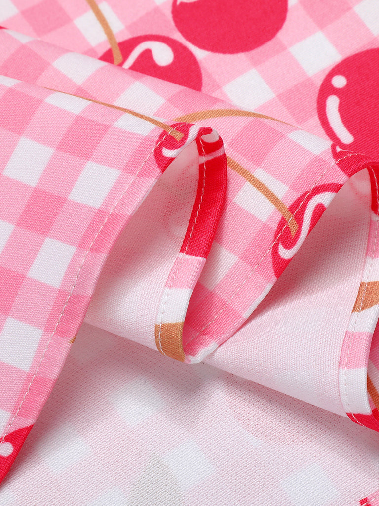 Abito ciliegie plaid con spalline sottili rosa anni '50