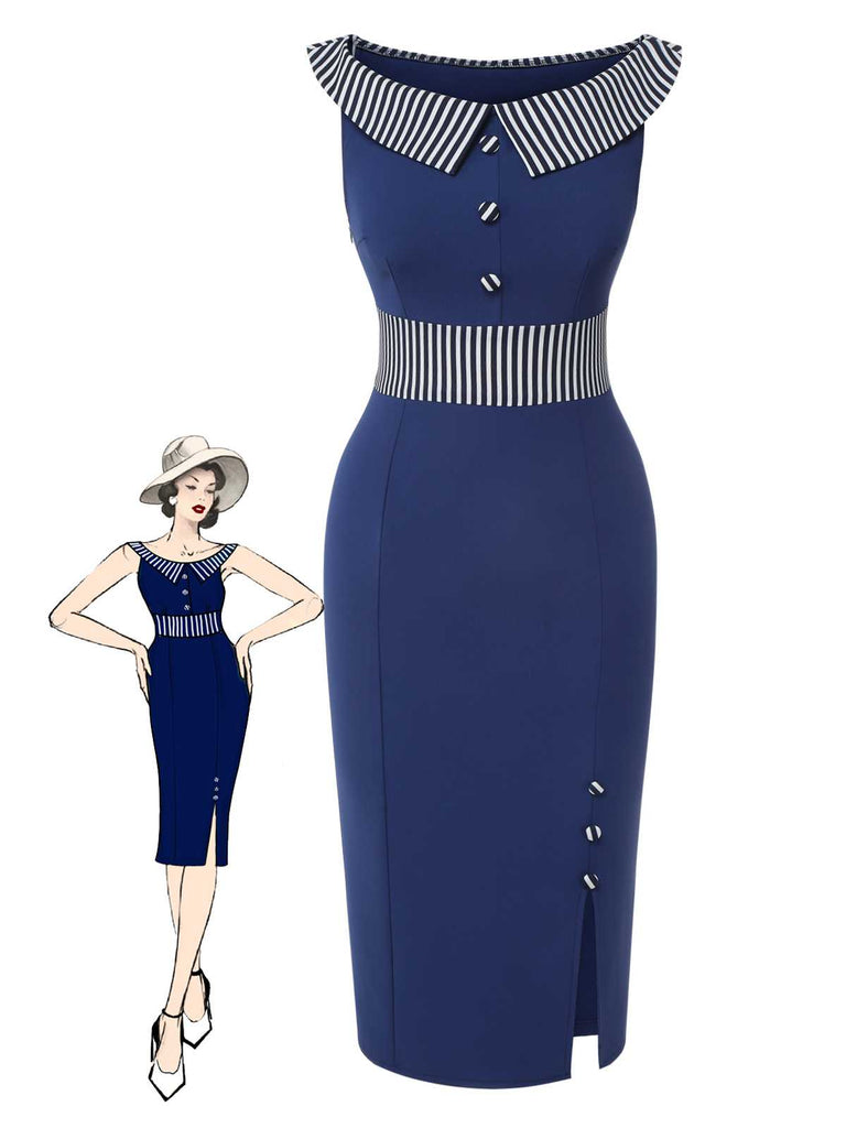 Abito a righe con bottoni blu scuro anni '60