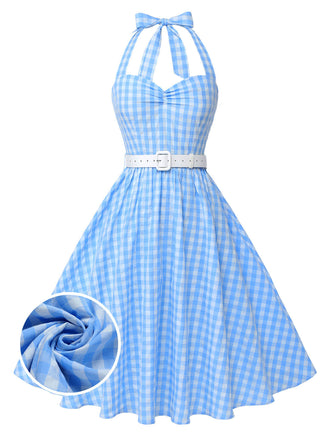 Abito a trapezi scollo all'americana a quadri blu anni '50