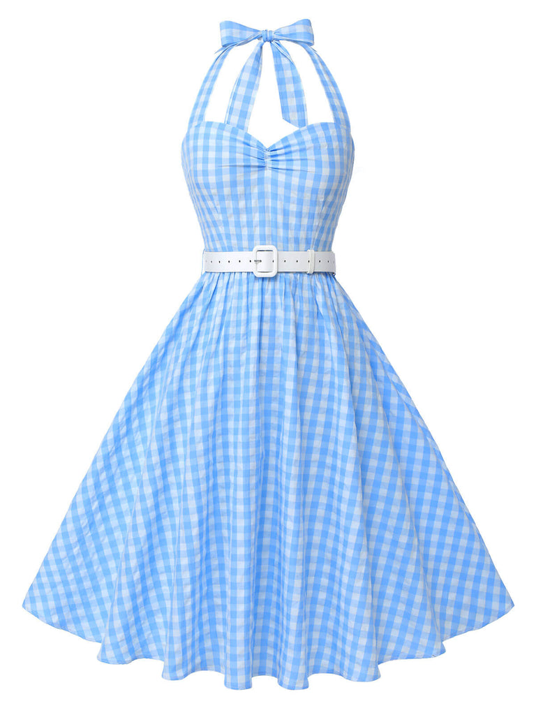 Abito a trapezi scollo all'americana a quadri blu anni '50