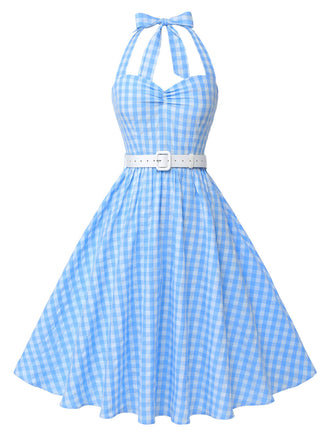 Abito a trapezi scollo all'americana a quadri blu anni '50