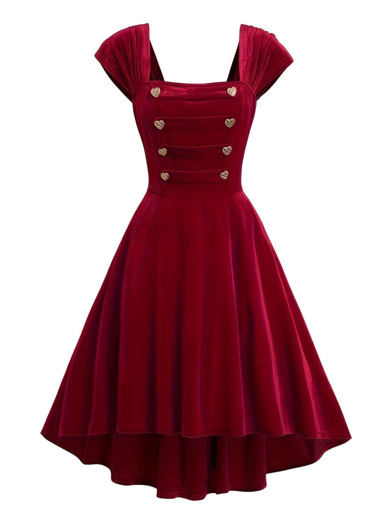 Abito a cuore bottoni scollo quadrato bordeaux anni '50