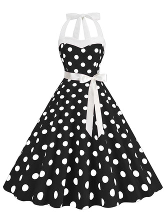 Abito a ruota a pois scollo all'americana nero anni '50