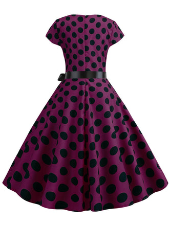 Abito a pois a maniche corte rosso violaceo anni '50