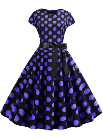 Abito a pois a maniche corte viola anni '50