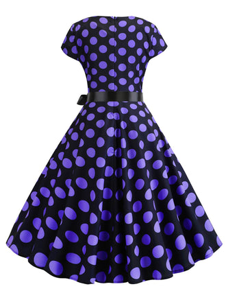 Abito a pois a maniche corte viola anni '50