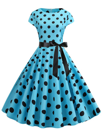 Abito a pois a maniche corte blu anni '50