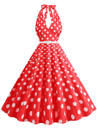 Abito a ruota a pois con scollo all'americana anni '50